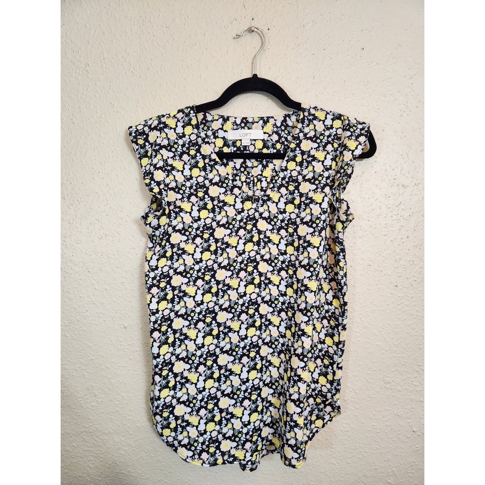 LOFT Womens XS Multicolor Floral V-Neck Blouse Ruffle Sleeveless Top